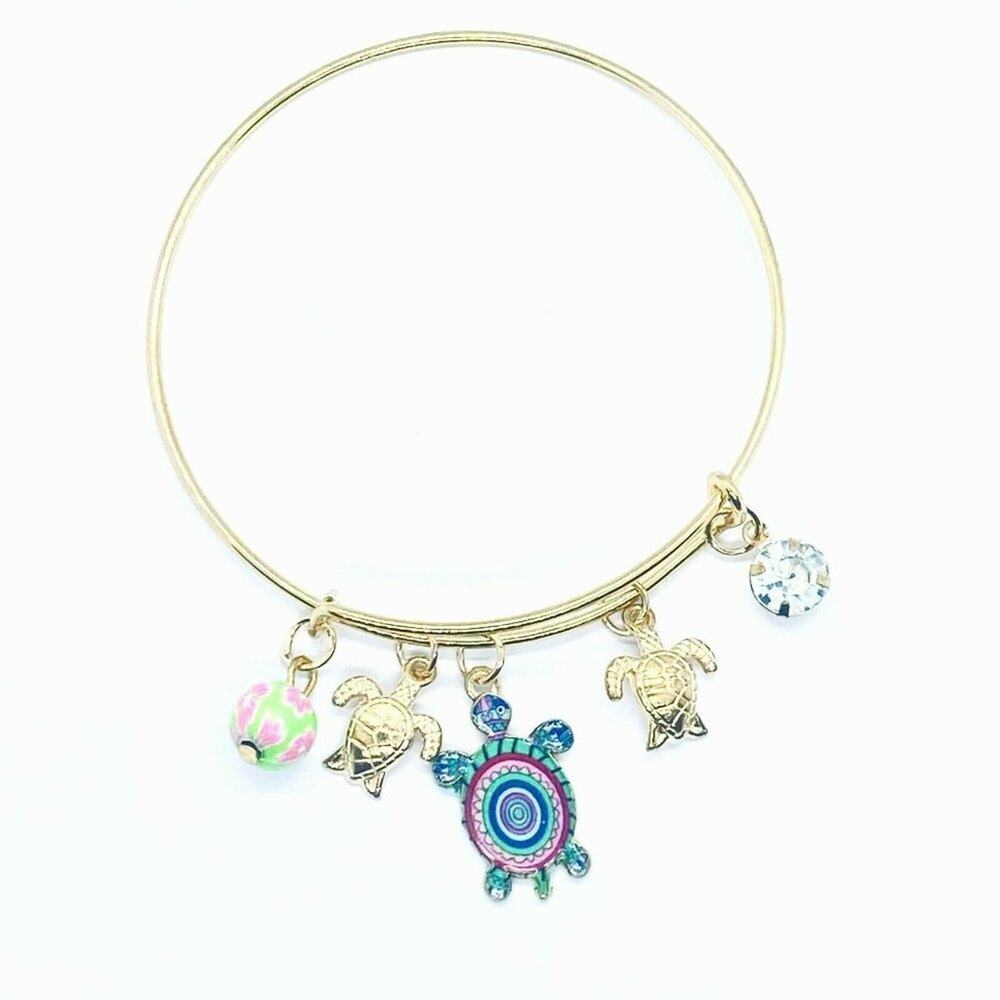 Beaded Sea Turtle Charm Colorful Bangle Bracelet